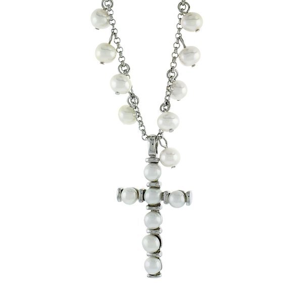 Sterling Silver 5mm 4mm Pearl Cross Necklace